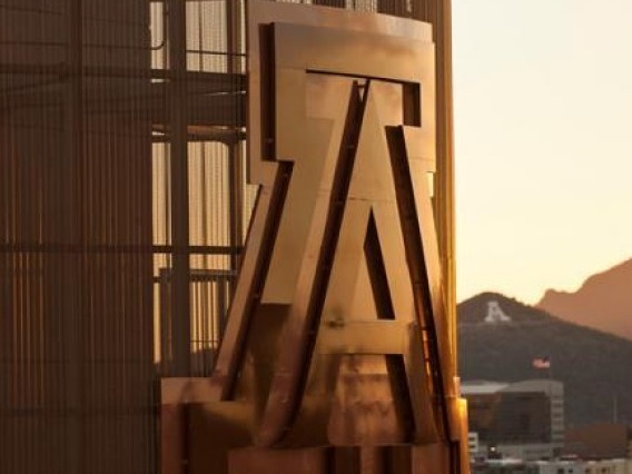 UArizona building sign during sunset