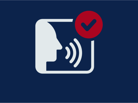 Icon showing a person speaking with a checkmark 