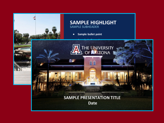 Example of a UArizona presentation template with color backgrounds with a variety of templates for charts & graphs