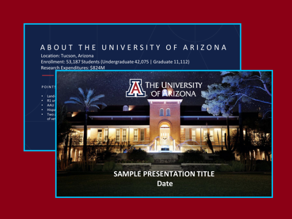 Example of a UArizona presentation template with white and light backgrounds with a variety of templates for charts and graphs