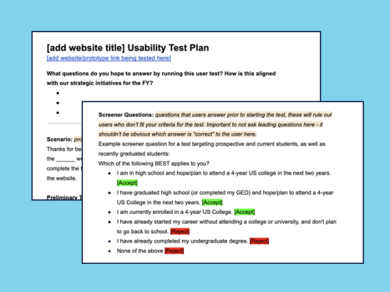 Example of a UArizona test plan template for a usability test on a website homepage