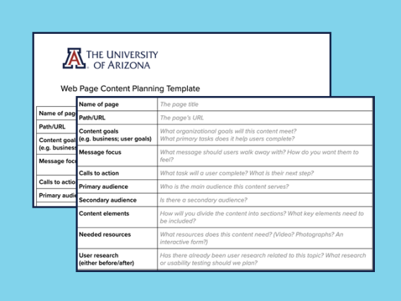 Example of a UArizona content planning template for a web page; title, URL, audiences, etc