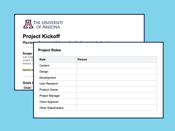 Example of a UArizona document to kickoff a web page or website project