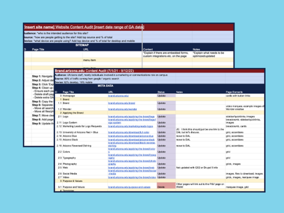 Example of a UArizona template for a page-by-page website content audit
