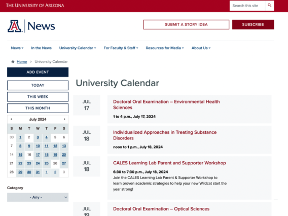 screenshot of University Calendar webpage