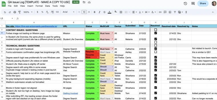 QA Issue Log template