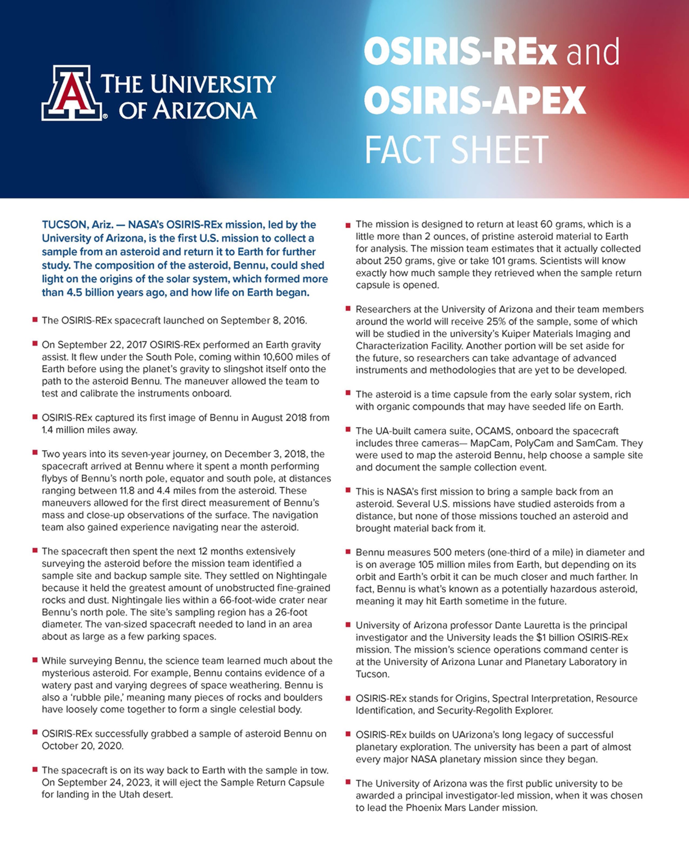 OSIRIS-REx media fact sheet front